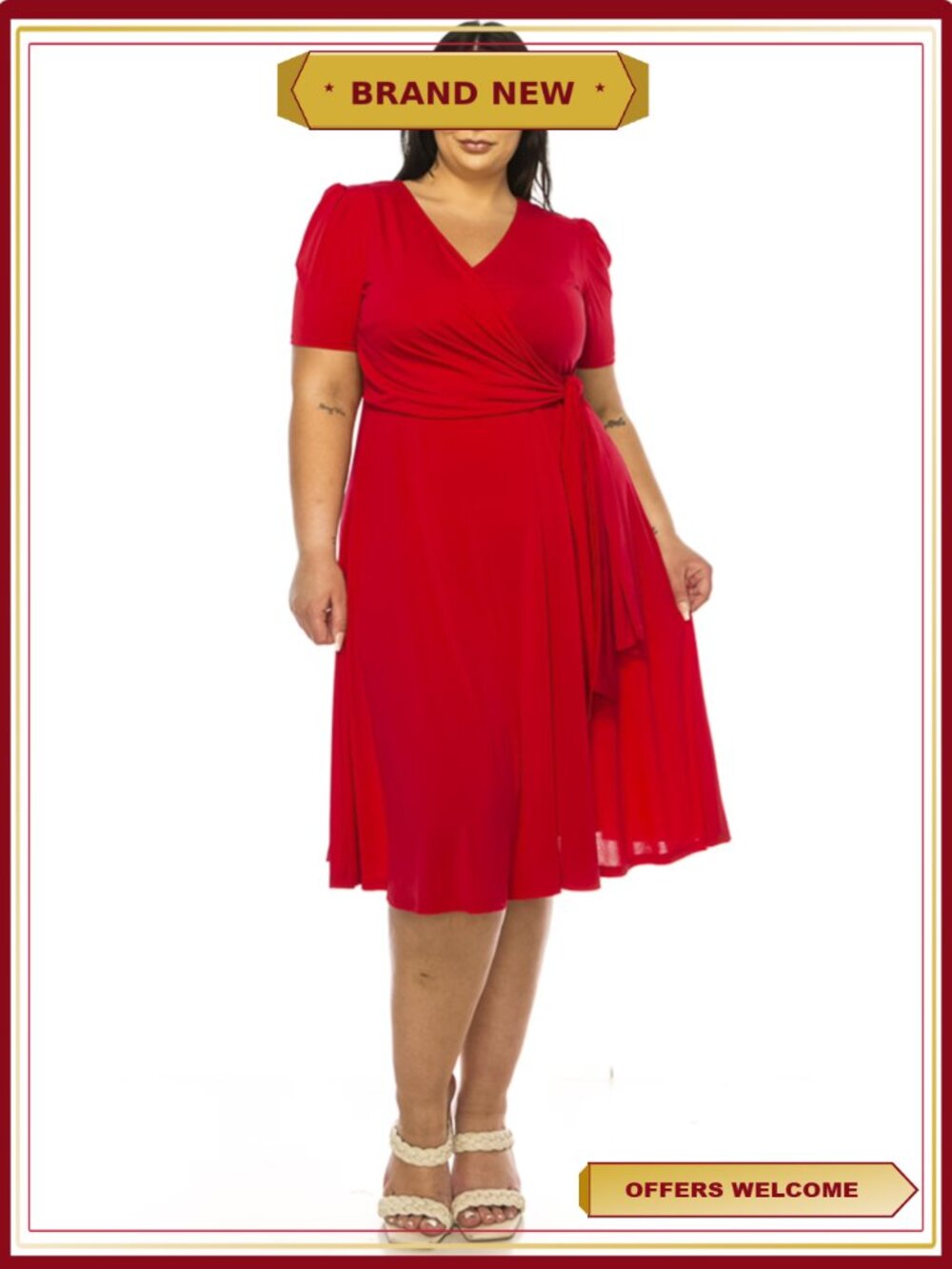Plus Size Solid Faux Wrap Dress Deep V-Neck Stretchable